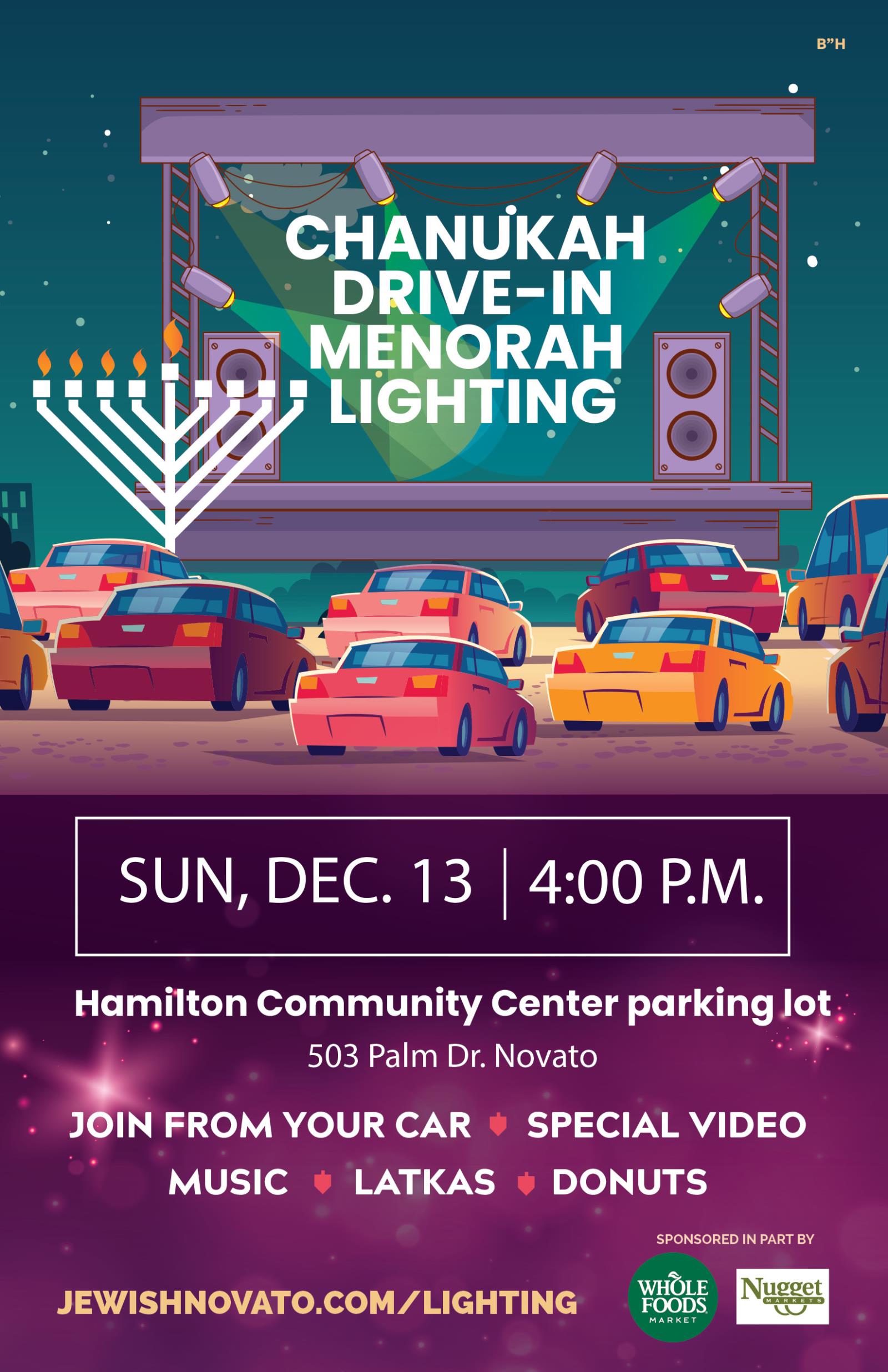 Poster for Chanukah Drive-In Menorah Lighting on December 14 at 3pm, at the Hamilton Community Center parking lot, 503 B Street