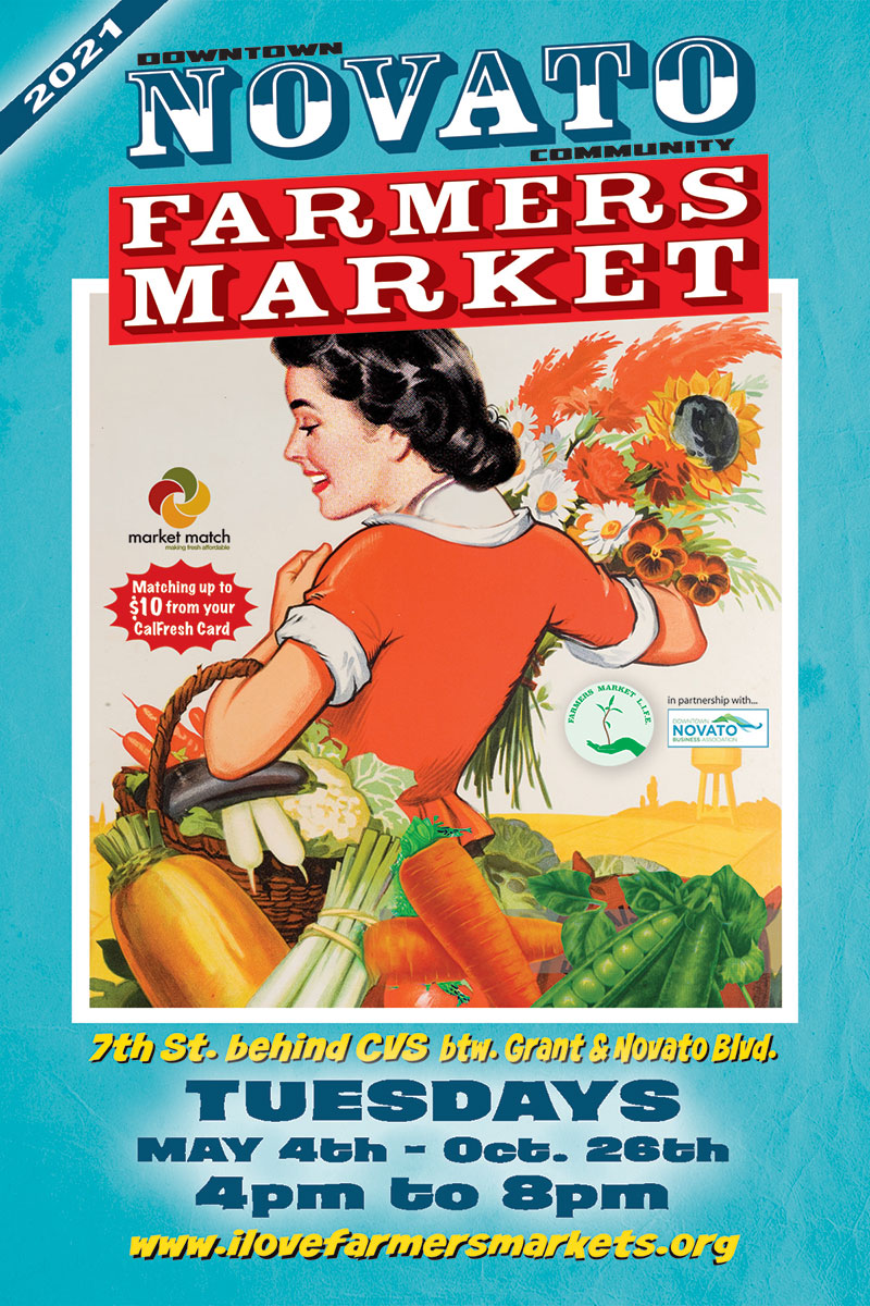 Farmers Market poster showing a drawing of a woman with produce