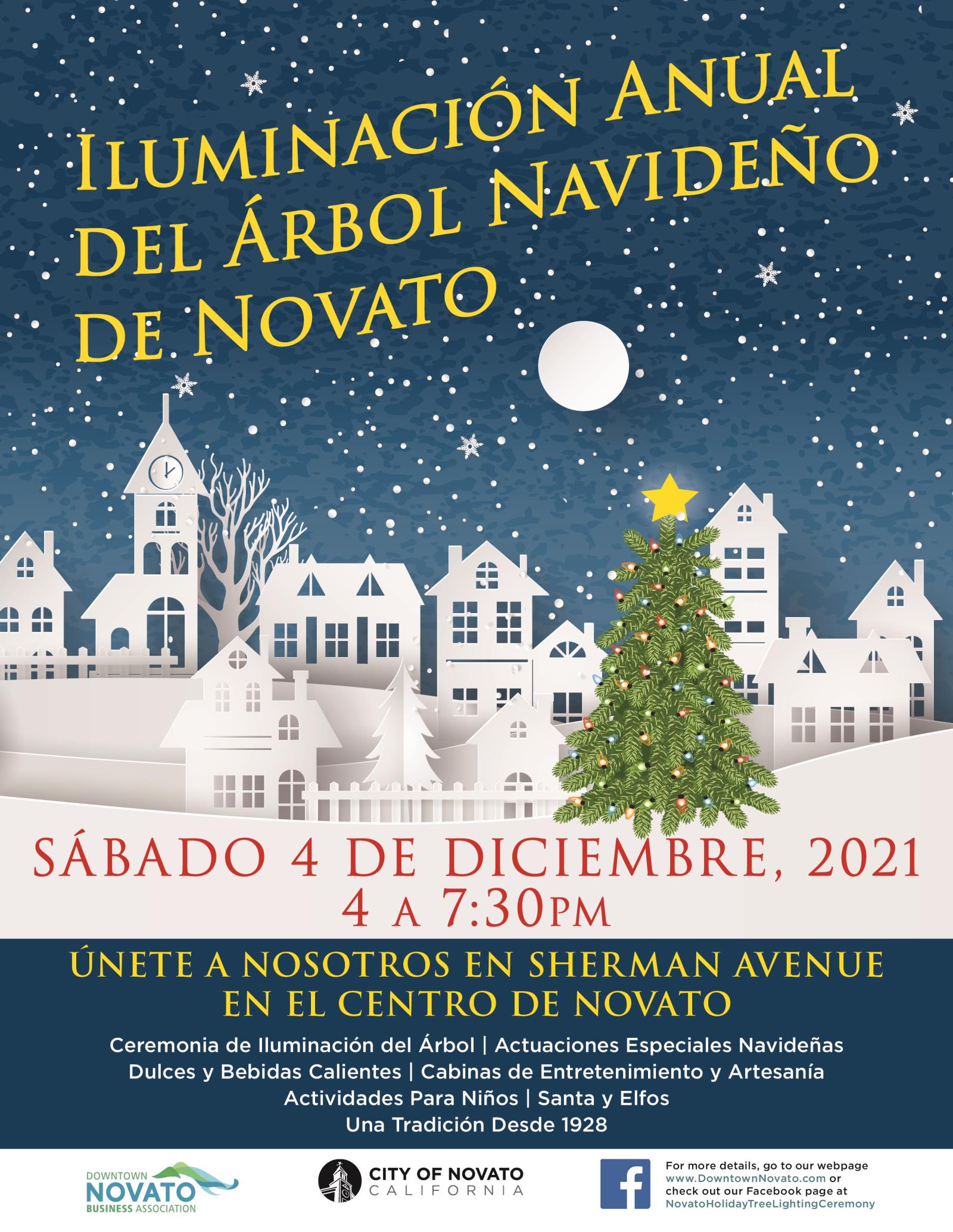 An image, in Spanish, for Novato's Holiday Tree Lighting on December 4