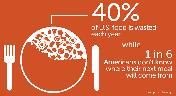 Image with the words "40% of U.S. food is wasted each year, while 1 in 6 Americans don't know where their next meal is coming from."