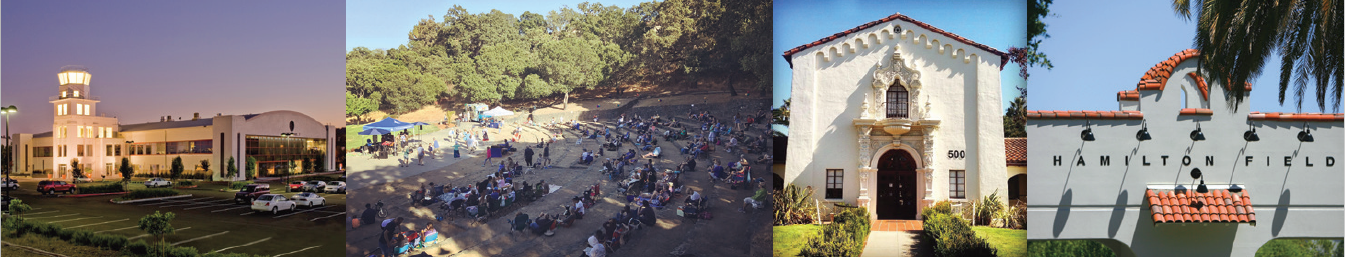 Banner image with photos of Hamilton Hangar, Amphitheater park, MarinMoca building, and Hamilton Field entrance